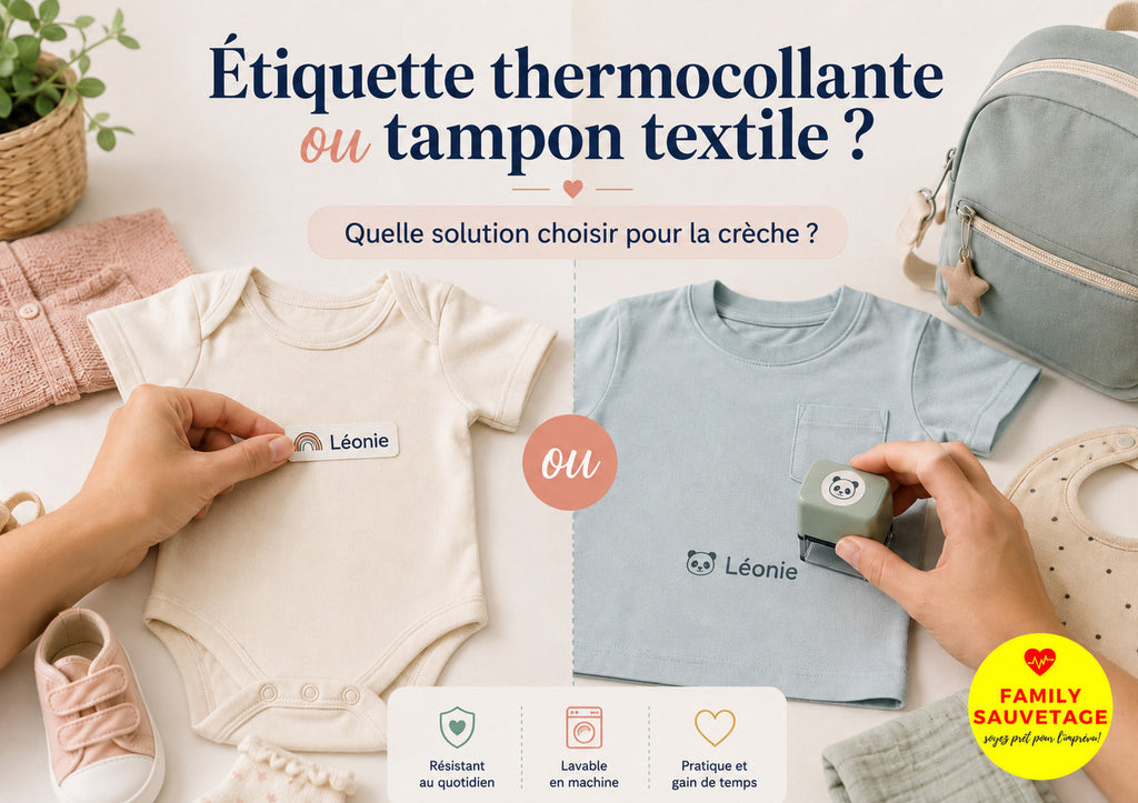 Étiquette thermocollante ou tampon textile : que choisir pour la crèche ?