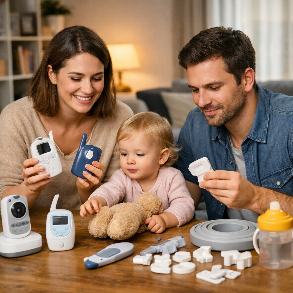Parents comparant et testant des produits de sécurité bébé à la maison
