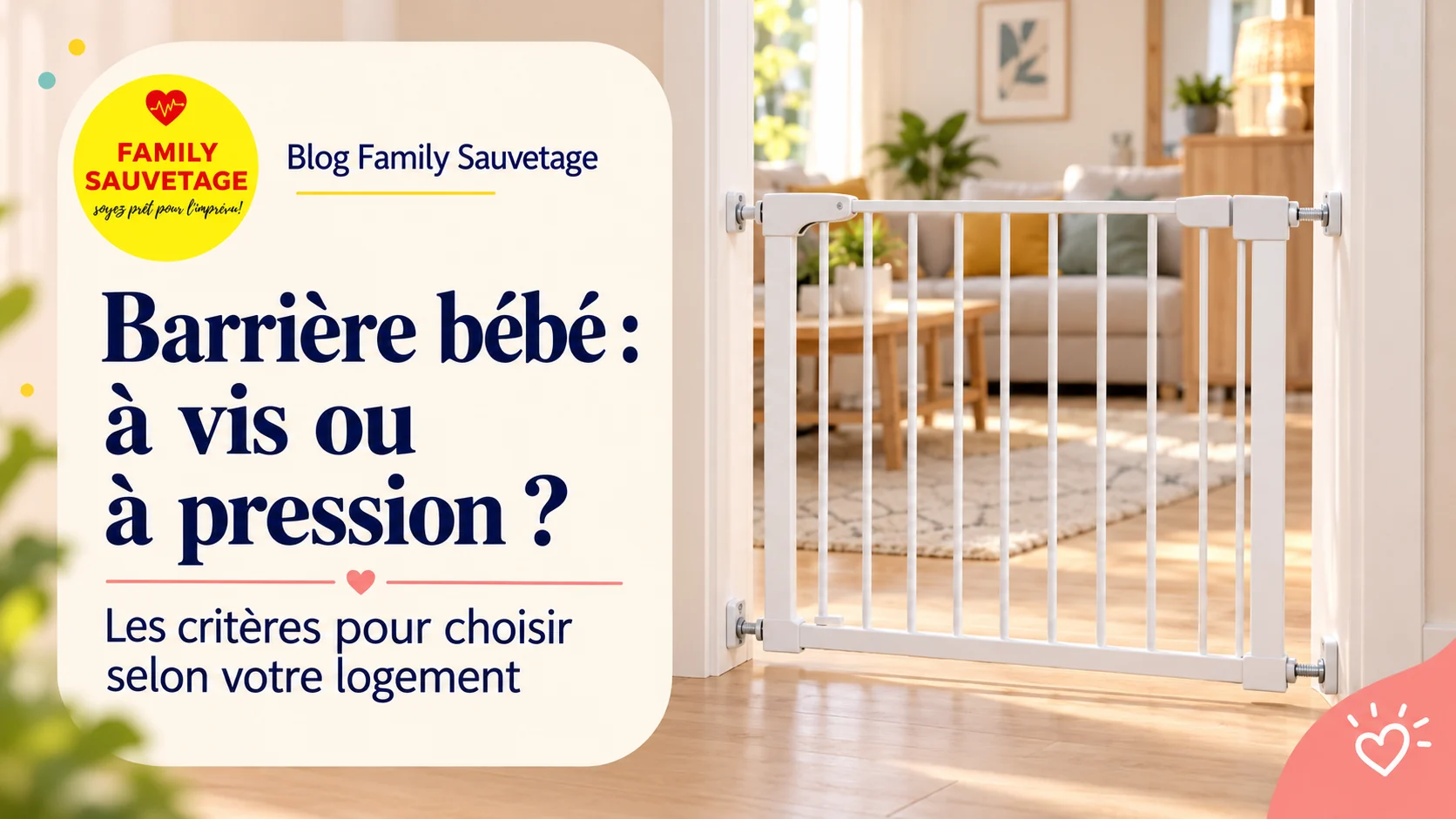 Barrière de sécurité bébé dans un passage intérieur, avec le titre « Barrière bébé : à vis ou à pression ? ».