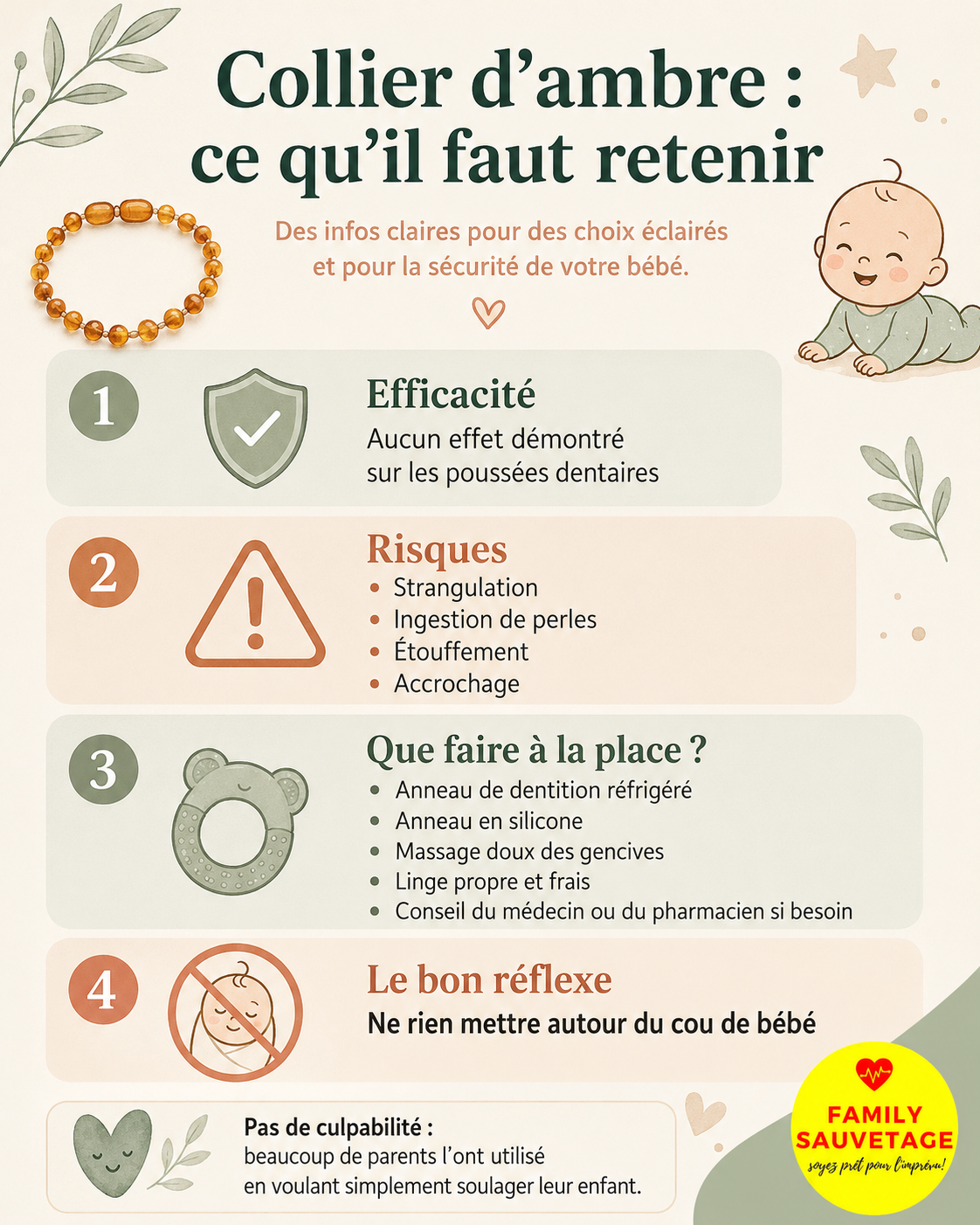 Infographie sur l’efficacité, les dangers du collier d’ambre et les alternatives pour soulager les dents de bébé