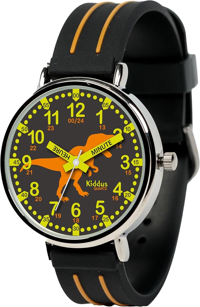 Montre pédagogique Kiddus Time Teacher noire avec motif dinosaure