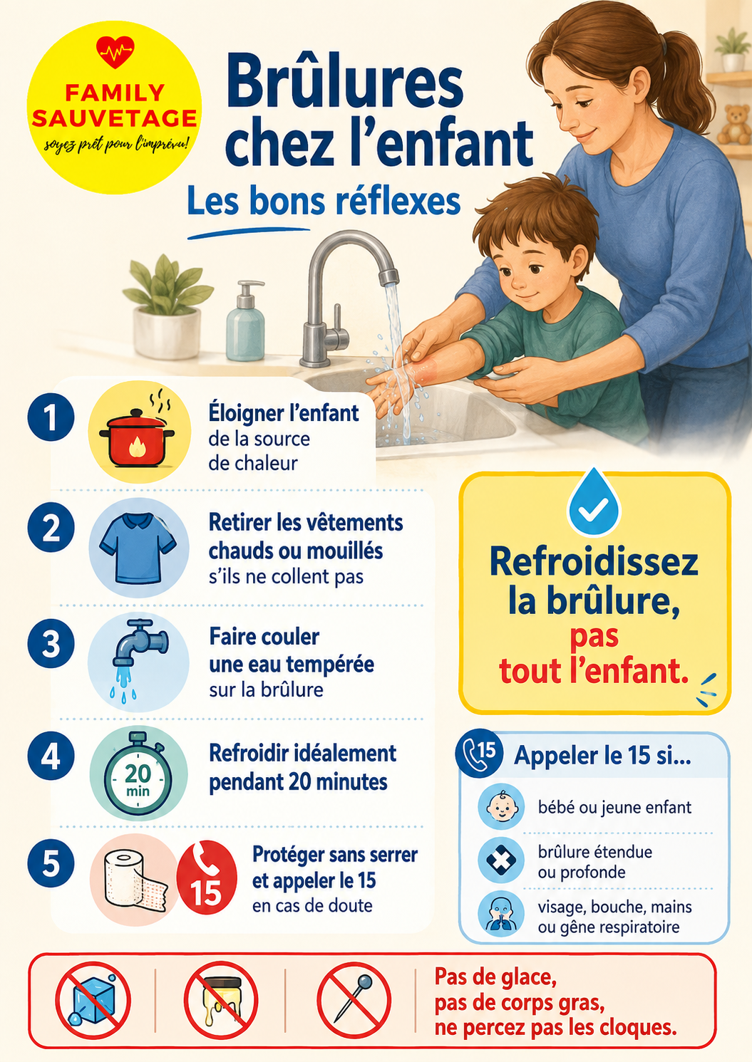 Infographie Family Sauvetage présentant les bons réflexes après une brûlure chez l'enfant