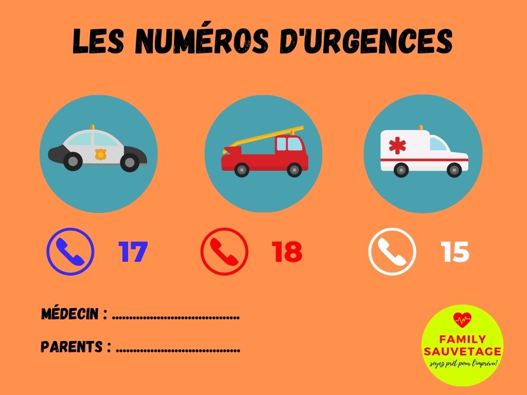 Aide-mémoire enfant numéro police pompier ambulance