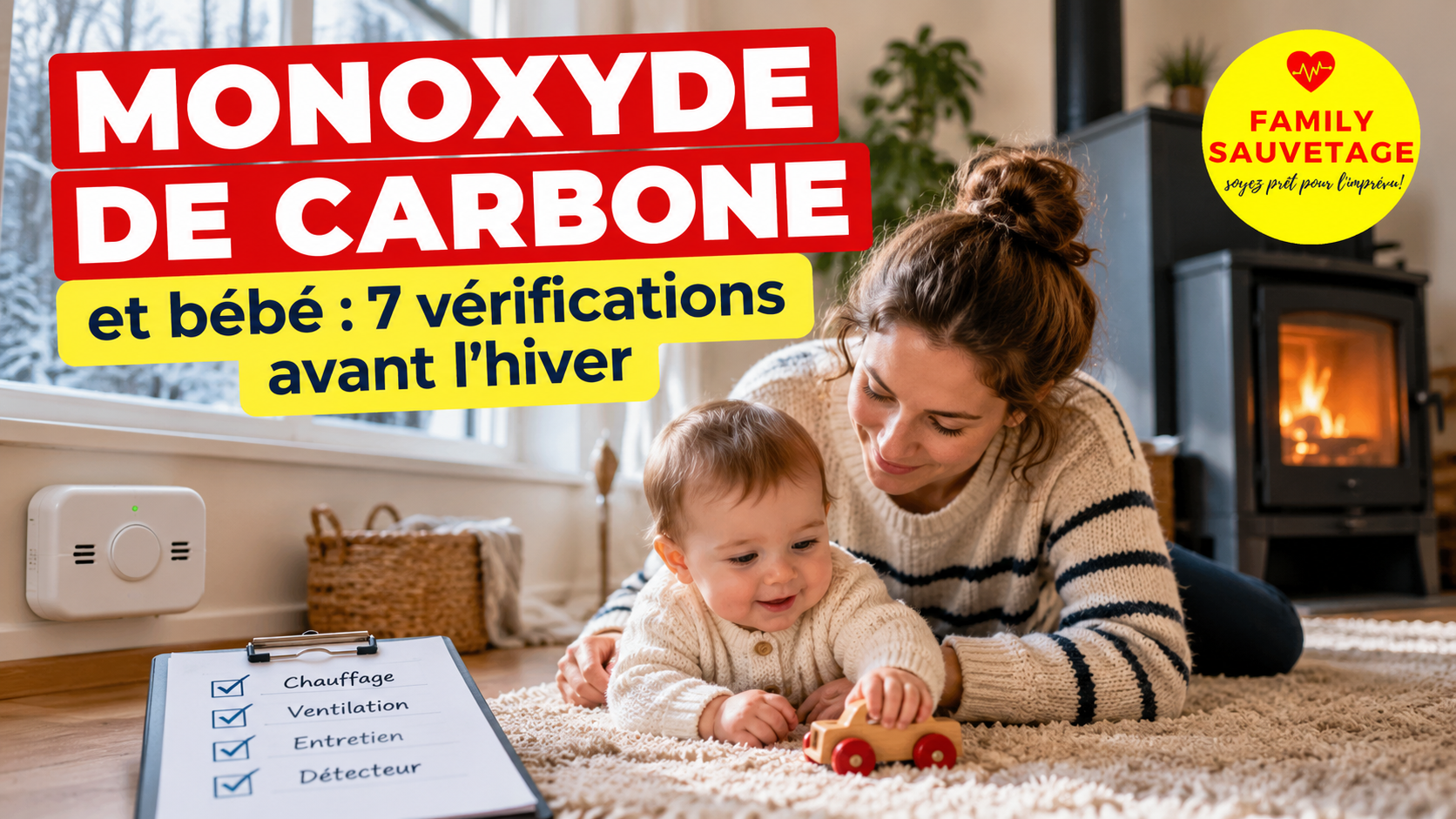 Une mère joue avec son bébé sur un tapis devant un poêle à bois, avec un détecteur de monoxyde de carbone et une checklist de vérifications avant l’hiver.