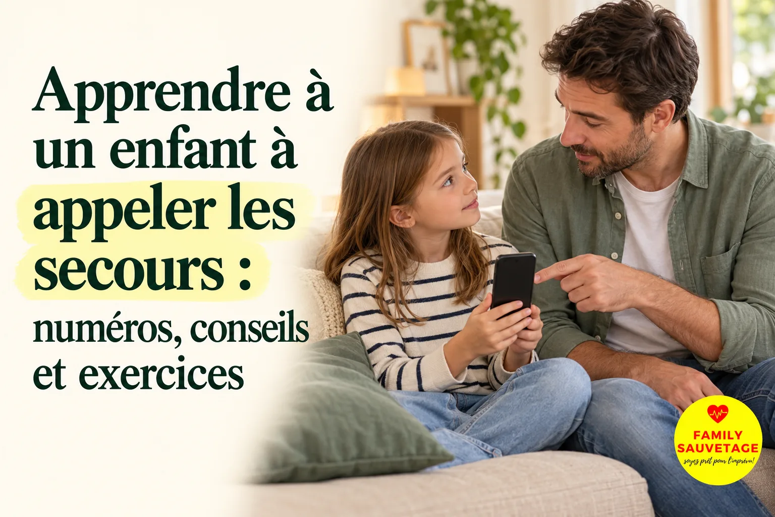 Un père explique à sa fille comment utiliser un téléphone pour appeler les secours lors d’un exercice à la maison.