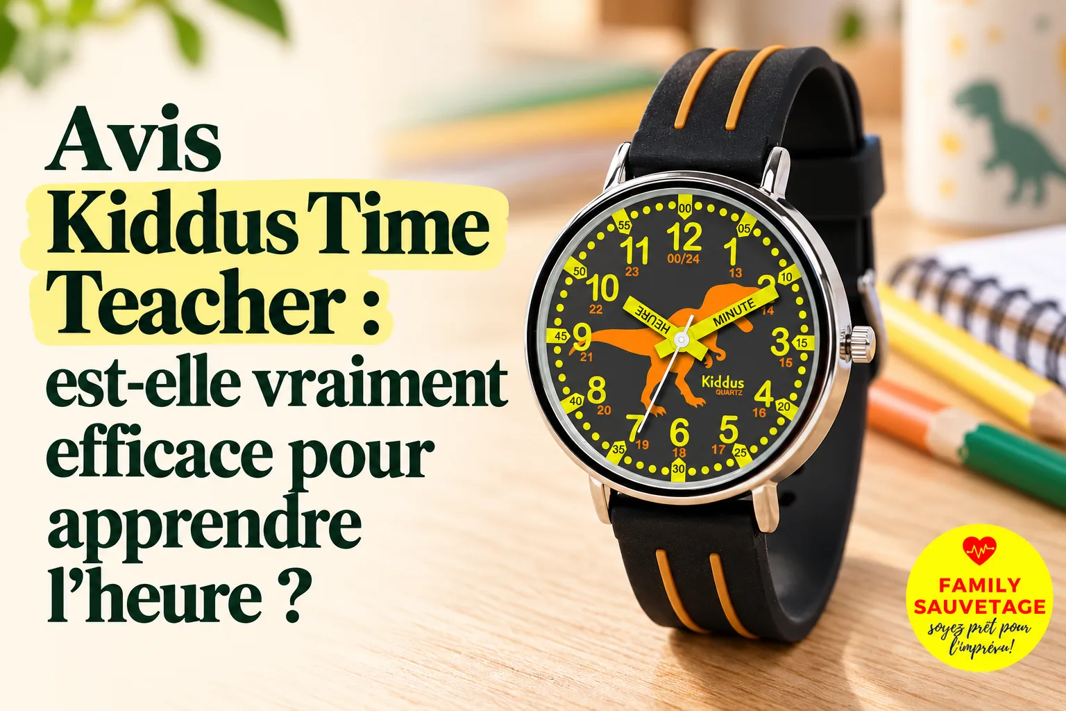 Montre pédagogique Kiddus Time Teacher à motif dinosaure, avec bracelet noir et repères colorés pour apprendre l’heure.