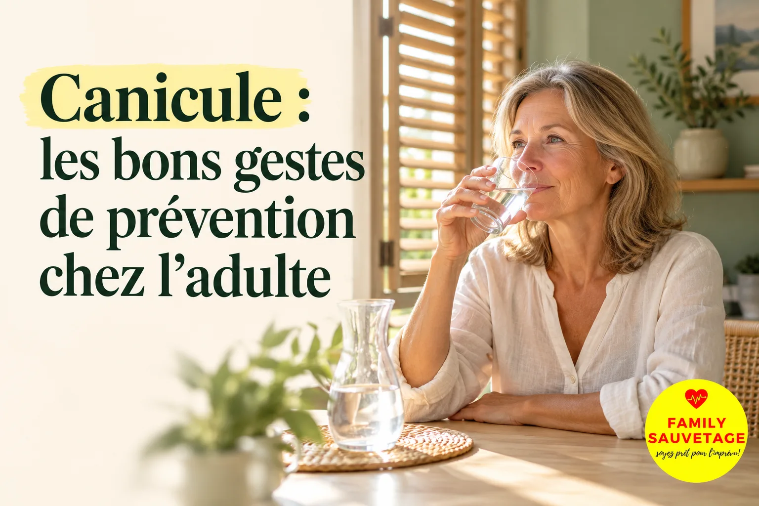 Une femme boit un verre d’eau chez elle, près d’une fenêtre aux volets partiellement fermés.