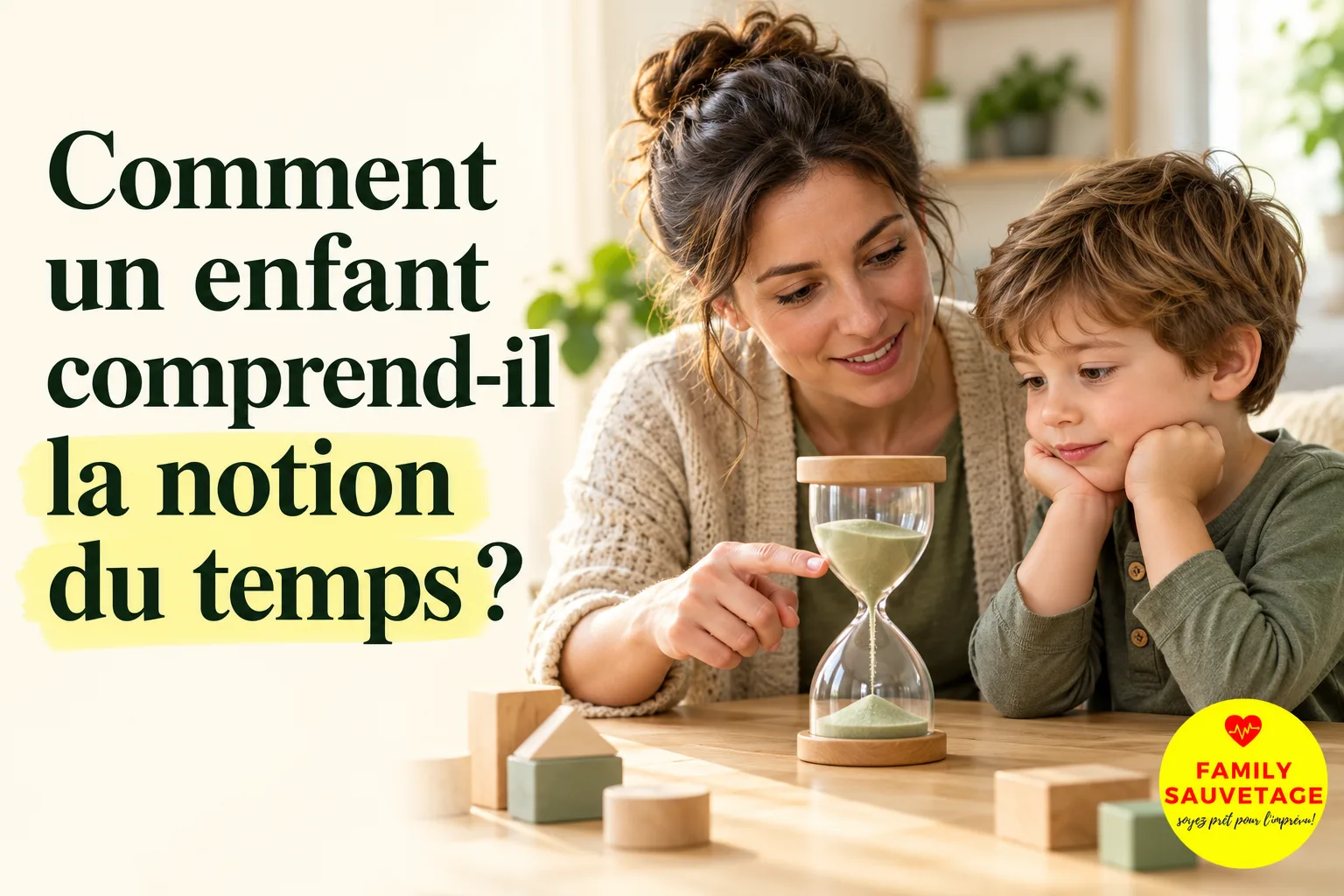 Une mère et son jeune garçon observent le sable s’écouler dans un sablier pour découvrir la notion du temps.