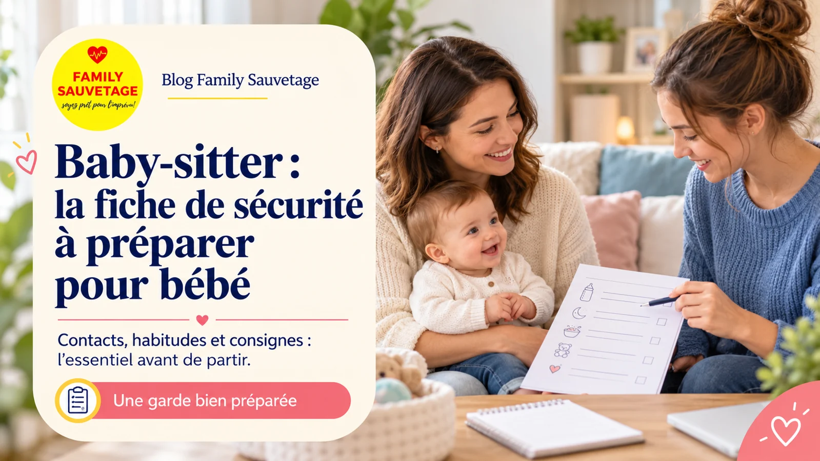 Une mère avec son bébé et une baby-sitter passent en revue la fiche de sécurité avant la garde.