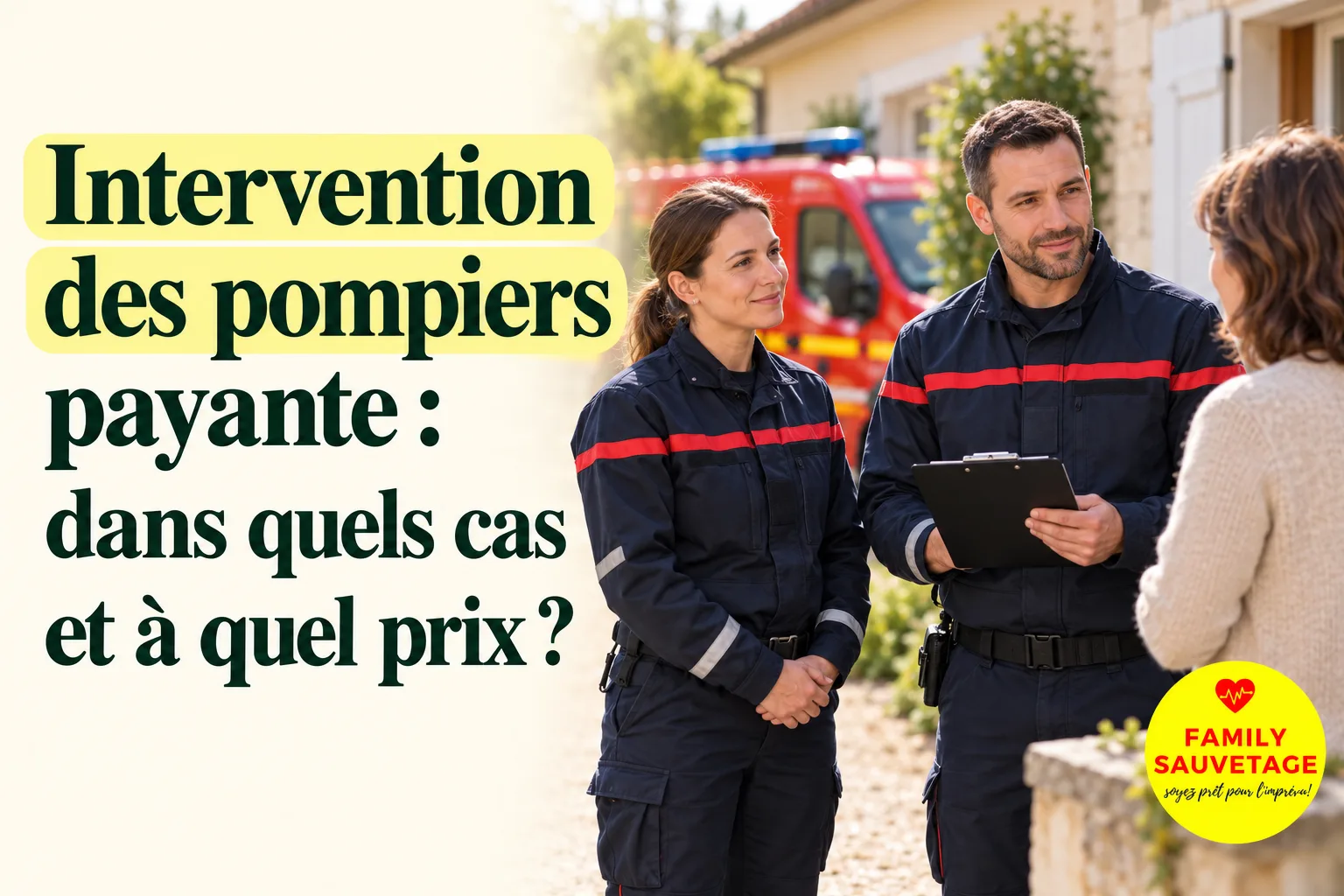 Deux sapeurs-pompiers échangent avec une habitante devant sa maison, avec un véhicule de secours en arrière-plan.