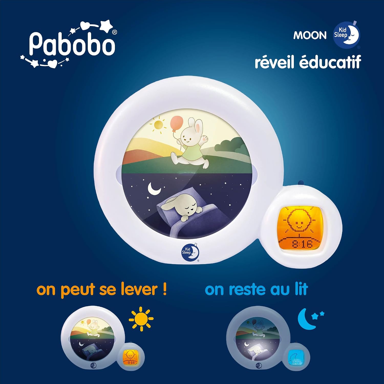 Kid’Sleep Moon : lapin réveillé sous le soleil quand on peut se lever, lapin endormi sous la lune quand on reste au lit