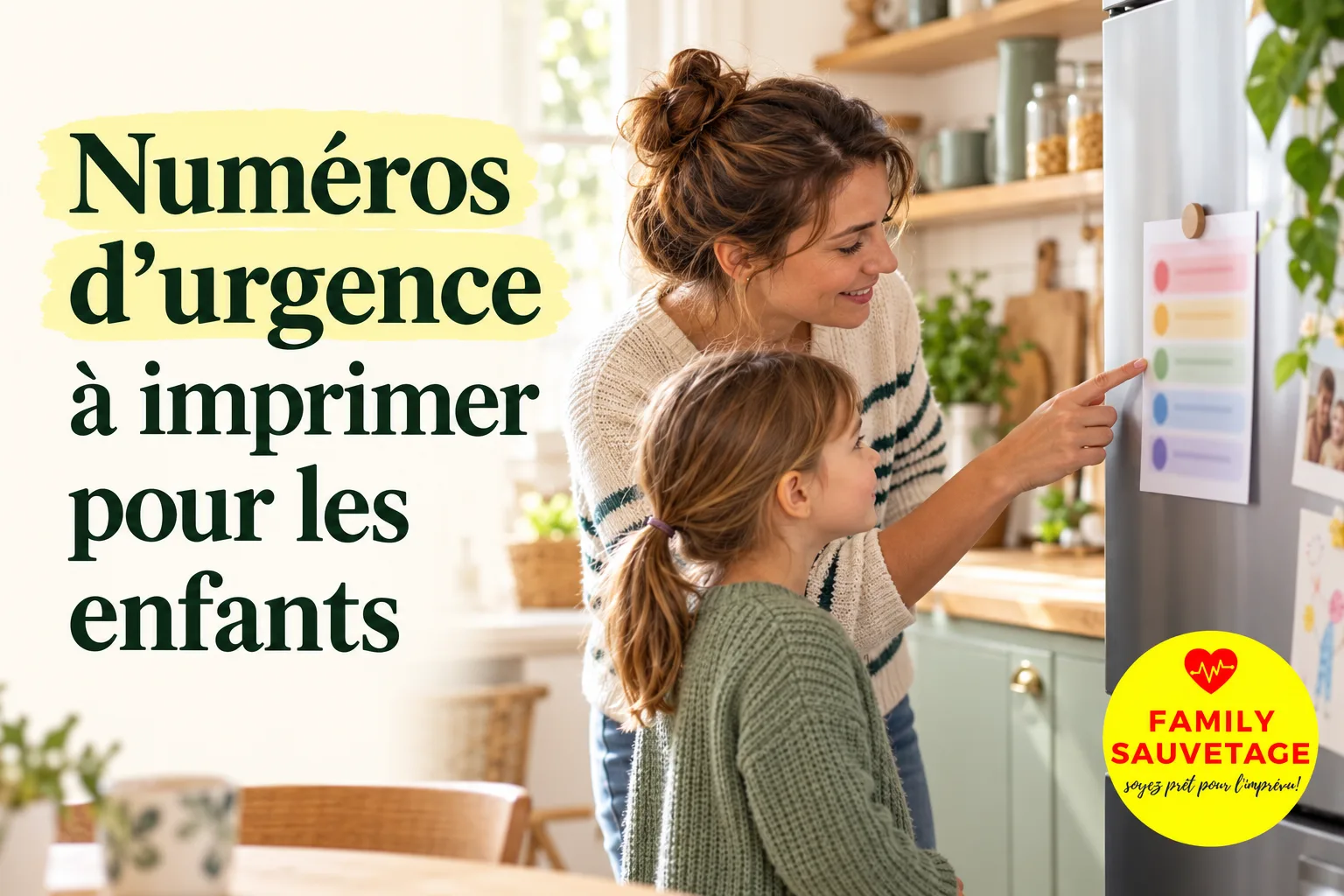 Une mère présente à sa fille une fiche des numéros d’urgence affichée sur le réfrigérateur.