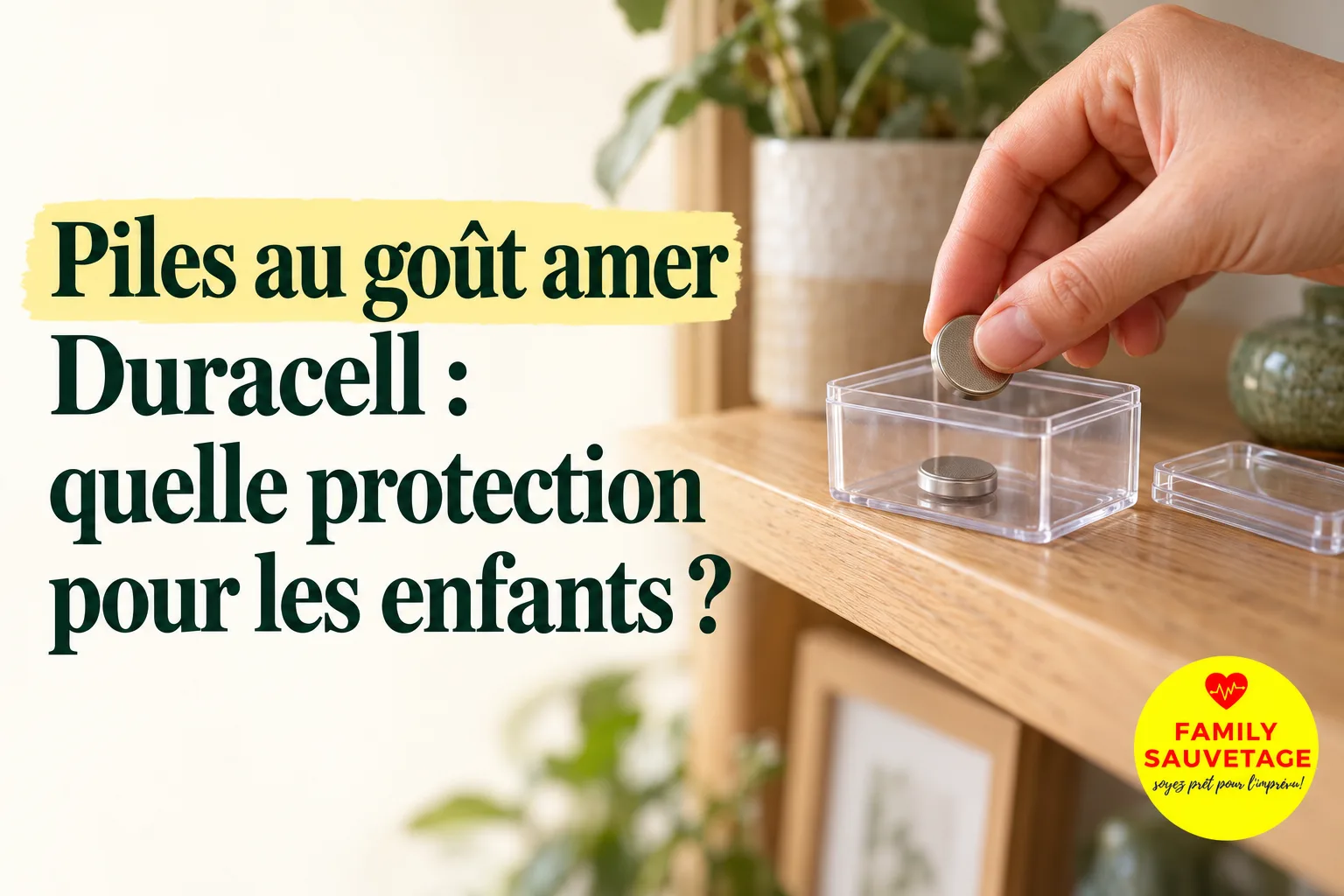 Une main d’adulte range une pile bouton dans une boîte transparente posée sur une étagère.